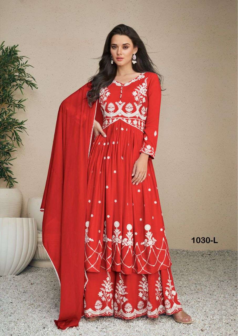 LAKHNAVI VOL 5 DARK COLOR HEAVY REYON LAKHNAVI WORK NAYRA CUT KURTI WITH PLAZO AND NAZMIN DUPATTA BY S3FOREVER BRAND 1030 L
